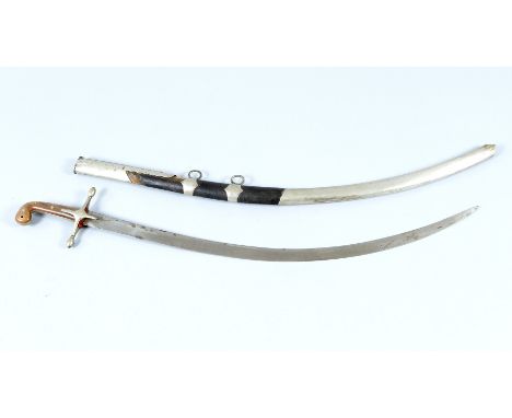 Islamic sword with bowed and polished blade, hand protection and grip, in original scabbard, 19th Century. Dimensions: 94cm l