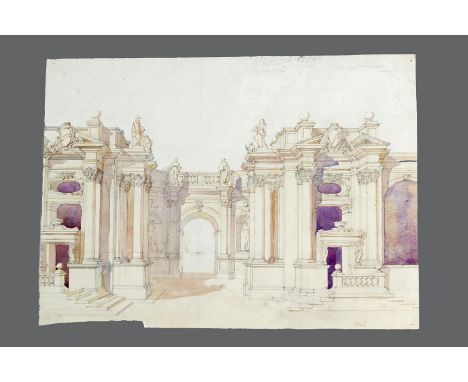 Architectural drawing of a baroque monument with several scales, black chalk with watercolour on paper, signed on the bottom,