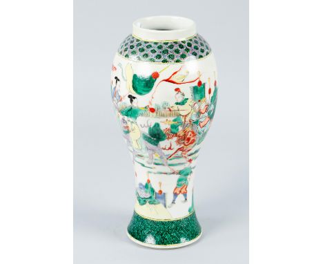 Kangxi Vase, porcelain in baluster shape with short neck, multicolour painted show scene in front of an honourable, with orna