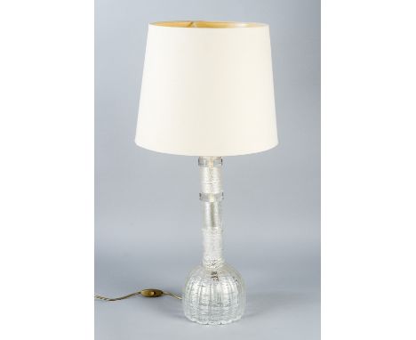 Murano Table lamp, iced transparent glass thickened and fluted with paper shade, electrification not tested. 79cm height