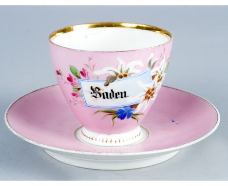 Baden by Vienna porcelain cup, with salver, painted flowers and described Baden on pink ground, glazed with gilded border lin