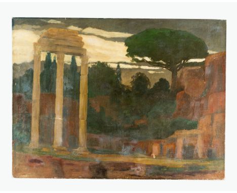 Monogrammist C. M ….,  Children at  a Roman monument in park, oil on canvas; damages; around 1920. 89x116 cm 