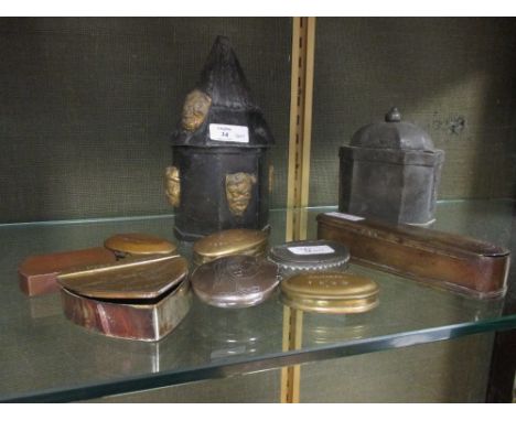 A Dutch brass tobacco box, two others lead and a pewter snuff box  