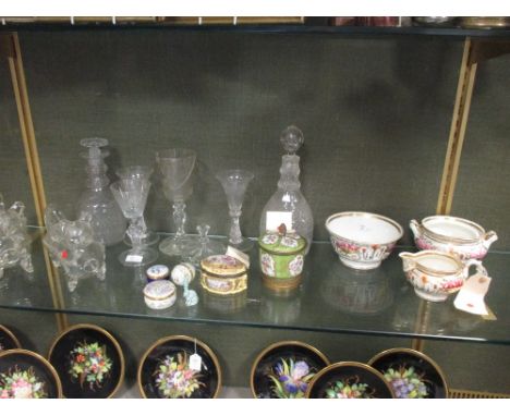 A Regency part tea service, three 18th century drinking glasses A/F etc.  