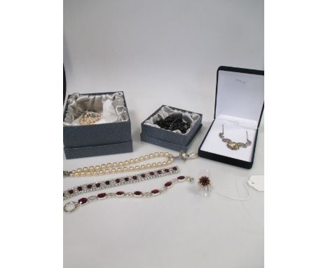 A 9ct garnet cluster ring and a Vivienne Westwood choker, together with a quantity of jewellery to include a long 'French jet