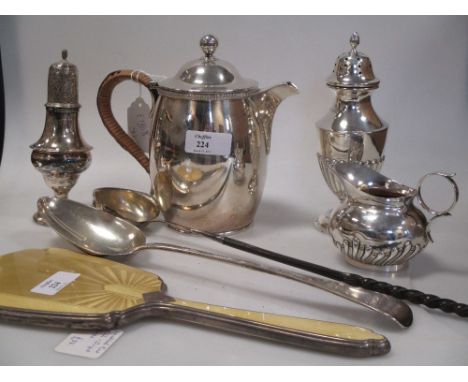 A silver basting spoon, a ladle, a creamer and other items of silver together with an electroplate canteen, boxed  