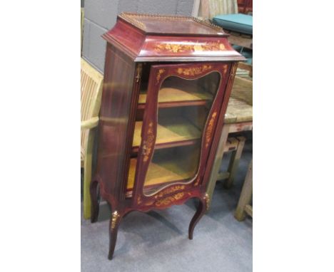 A late Victorian mahogany and floral marquetry inlaid display cabinet with raised caddy top and brass gallery on shaped apron