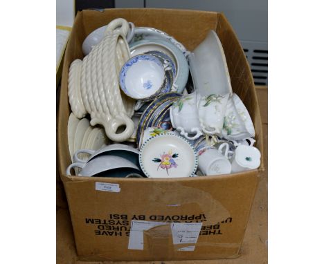 BOX CONTAINING POOLE POTTERY WARE, QUANTITY VARIOUS TEA WARE, POTTERY BASKET, LARGE POTTERY BOWL, ORIENTAL STYLE VASE ETC    