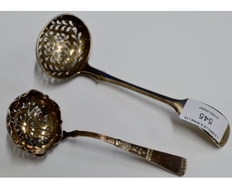 VICTORIAN STERLING SILVER STRAINER LADLE WITH RARE EXETER ASSAY MARKS & DATED 1848, TOGETHER WITH ANOTHER STRAINER     