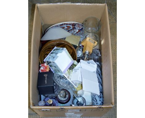 BOX CONTAINING VARIOUS CUTLERY, CAITHNESS GLASS ATOMISER, FIGURINE ORNAMENT, WOODEN BOWL ETC     