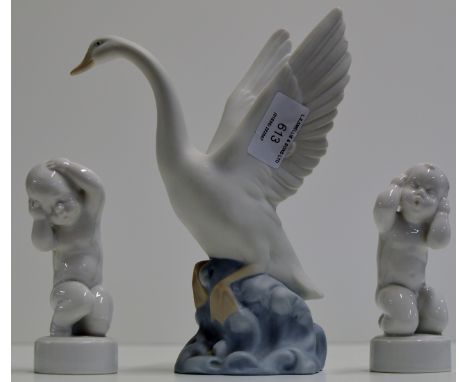 NAO SWAN ORNAMENT & PAIR OF COPENHAGEN PORCELAIN BABY FIGURINES SIGNED B&G, REG 2209 & 2206     