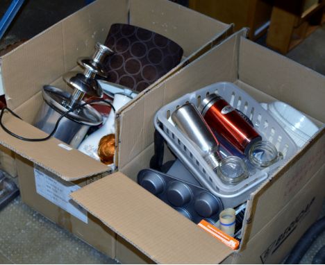 3 BOXES WITH KITCHEN WARE, POTTERY LAMP WITH SHADE, MANTLE CLOCK, STORAGE JARS & GENERAL BRIC-A-BRAC     