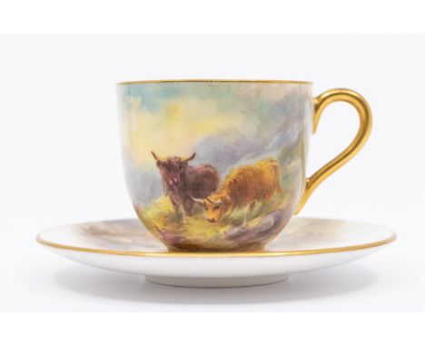 A Royal Worcester coffee cup and saucer, both painted with Highland Cattle and signed by Harry Stinton, puce factory marks an