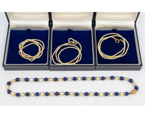 A lapis Lazuli and pear 9ct gold bead necklace, comprising alternate round lapis beads, fresh water cultured pearls and gold 
