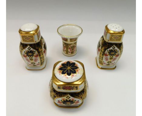 Royal Crown Derby 1128 imari condiment set to include salt, pepper and mustard along with 1128 posie vase, Mustard seconds qu