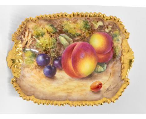 A Royal Worcester shaped rectangular bon bon dish painted with peaches and cherries with foliage, signed by John Freeman, gil
