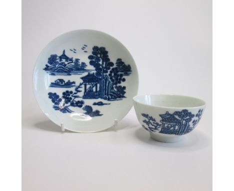 A Worcester tea bowl and saucer man in a pavilion patternCirca 1760Tea bowl diameter 7.5cm. saucer diameter 12cmCondition; no