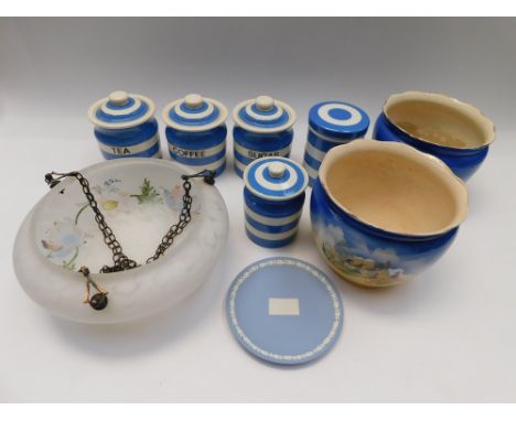 A collection of mid 20th Century Cornish kitchen wares, blue and white along with two early 20th Century planters and light s