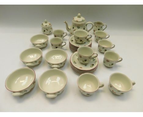 Villeroy and Boch 'Petite Fleur' part service of teapot, milk jug, sugar bowl, soup bowls, saucers, coffee cups and tea cups,