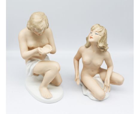 Wallendorf figurines of semi nude females in kneeling positions. Marks to the bases. Heights approx 23cm &amp; 20cm. Finger m