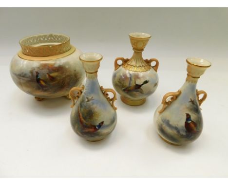 A pair of Royal Worcester Jas Stinton pheasant painted vases together with&nbsp;a Royal Worcester rose bowl signed by Jas Sti