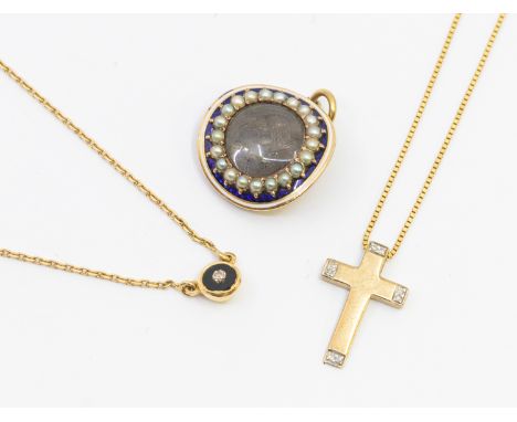 A 19th century enamel and pearl set mourning pendant, circular design (possibly modified from a ring) hair inset to centre wi