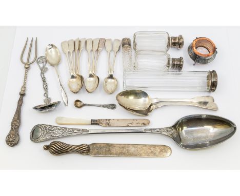 A mixed collection of silver and plated flatware to include; an ornate Victorian silver sifter spoon, with stylised leaf and 