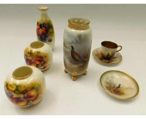 Royal Worcester: footed vase painted with pheasants; a pin dish signed Jas Stinton; a cup and saucer signed Jas Stinton; a pa
