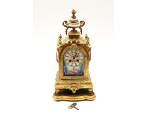 A 19th Century French gilt Louis XVI mantle clock on stand with Paris porcelain tile inserts of classical and floral hand pai