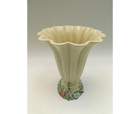 A post WWII Clarice Cliff table flower vase, 25cm tall ,chip to foot , crack to rim ,&nbsp;