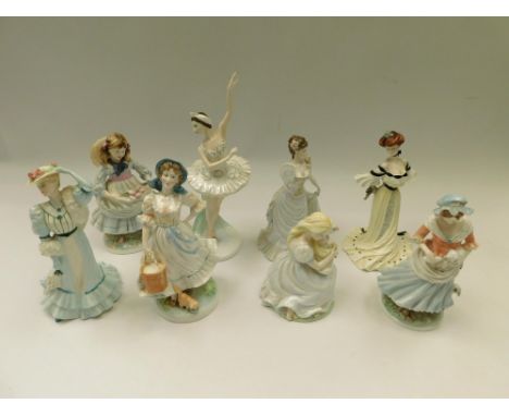 Two Royal Worcester figures, The Milkmaid, The Shepherdess along with six Coalport lady figures to include Margaret Fonteyn, 