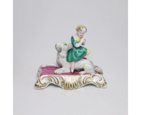 A marked in black script Worcester 19th Century  model of a child and dog on a shaped rectangular base Circa;19th centurySize