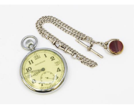 Jaeger-LeCoultre - a military chrome plated pocket watch, signed dial with Arabic number markers, subsidiary dial at 6, keyle