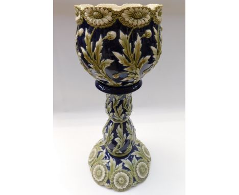 A late 19th Century jardiniere stand and planter, blue ground with floral detail , chip to foot of pot , with minor chip to r