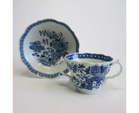 A Worcester chocolate cup and saucer printed ‘fence’ pattern with rare crescent  R markCirca 1775Condition; no restoration or