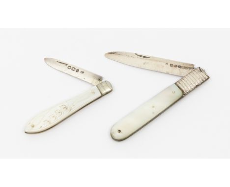 Two hallmarked silver bladed mother of pearl fruit knives, one Georgian, hallmarked by Joseph Law, John Oxley & Henry Atkin, 