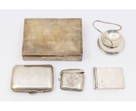 A collection of silver items to include; a small rectangular engine turned silver cigarette box, black celluloid base and ced