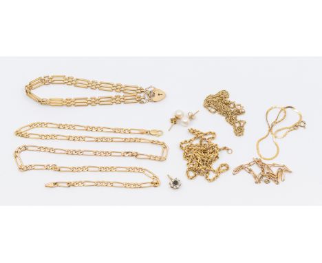 A collection of gold chains necklace and bracelets, some weighable a/f some damaged, along with a  a stone set pendant and pe