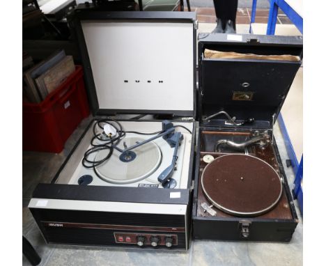 A vintage table top 60s record player, a 1950s portable record player, a Bakerlite 1930s radio and a brownie camera.