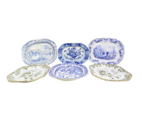 Six 19th Century large meat platters / serving dishes to include: 1. Spode blue and white meat platter with recess, printed w