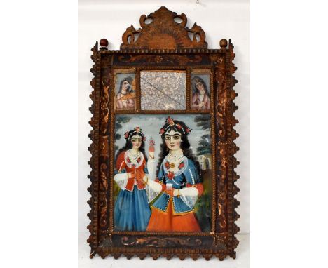 A pair of 19th century Indo-Persian reverse glass paintings, each a pair of young women of the Qajar Dynasty in vibrant cloth
