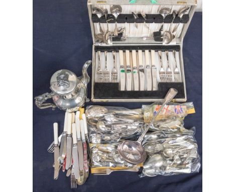 A collection of mixed silver plated items to include; a James Dixon plated coffee pot, a cased Snowhite plated canteen of cut