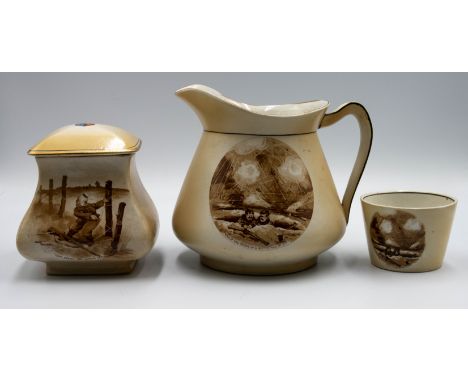 A collection of Captain Bruce Bairnsfather Old Bill pottery by Grimwades to include water jug, sugar bowl and caddy with lid,