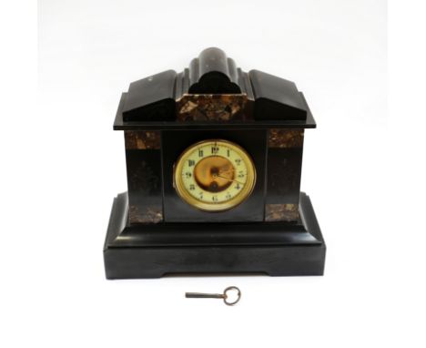 A late 19th century slate mantel clock, with roman numerals and marble decoration to front, with key, untested.