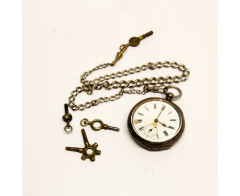 A silver pocket watch and chain.