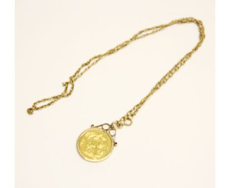 An 1886 sovereign in a 9ct gold mount with chain.