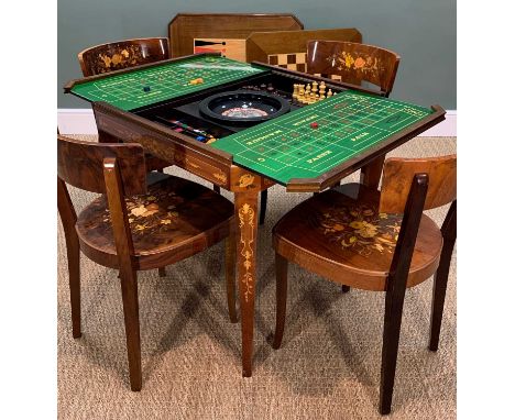 AN ITALIAN GAMES TABLE &amp; FOUR CHAIRS with lavish marquetry style decoration, adaptable to various games with boards for b