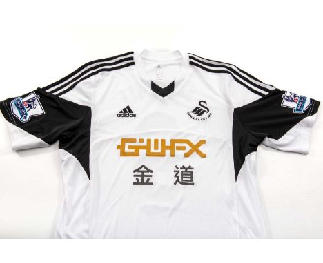 MATCH WORN 2013-14 PREMIER LEAGUE SWANSEA CITY AFC SHIRT, by Adidas, size large, white with black trim, worn by Michu (Miguel