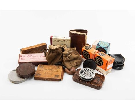 ASSORTED FISHING ACCESSORIES including Angler's Pipe Box containing Irish 'Peterson Grafton' pipe with original Hardy receipt