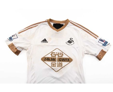 MATCH WORN 2015-16 PREMIER LEAGUE SWANSEA CITY AFC SHIRT, by Adidas, white with gold trim, worn by Ashley Williams, with play